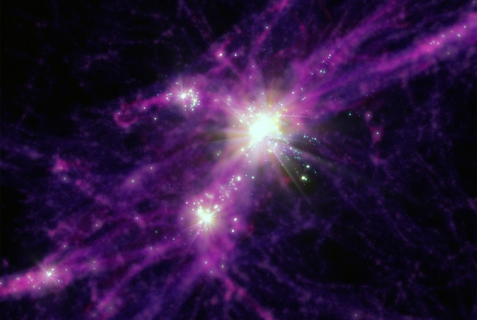 Representación artística de galaxias estelares en el universo primitivo.  Las estrellas y galaxias aparecen como puntos de luz blancos brillantes, mientras que la materia oscura y los gases más difusos aparecen en color púrpura y rojo.  Fuente: Aarón M.  Geller/Noroeste/CIERA+IT-RCDS 