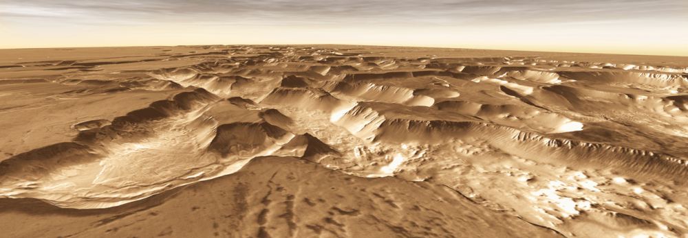 A view of Noctis Labyrinthus on Mars, from Mars Odyssey data. ESA's Mars Express has created a flyover video from eight years of its data. Courtesy Mars Odyssey.
