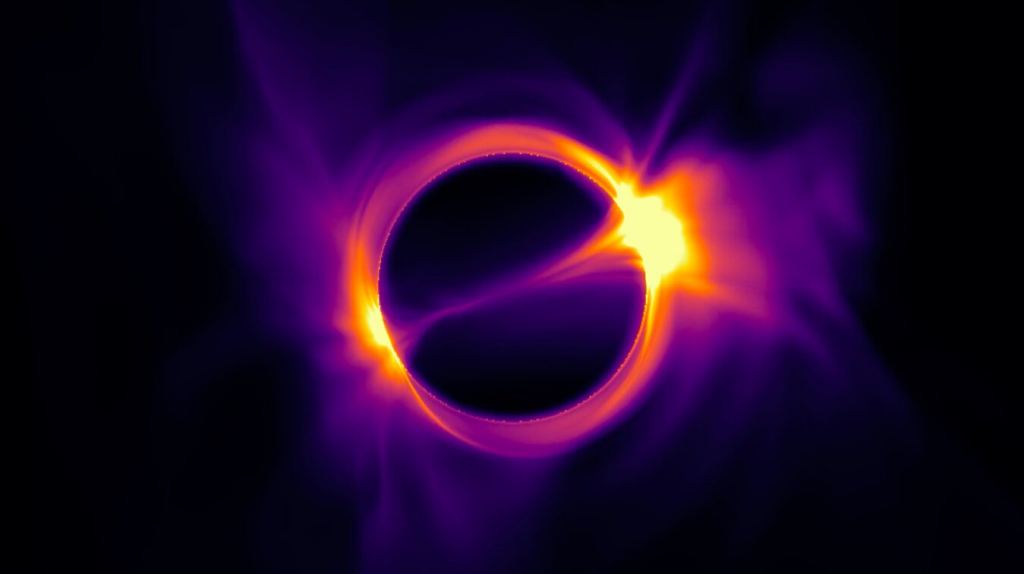 Simulation of glowing gas around a spinning black hole. As the gas heats up, it emits energy that makes it visible. If the black hole has no nearby companion, it's dormant and harder to find. Image Credit: Chris White, Princeton University