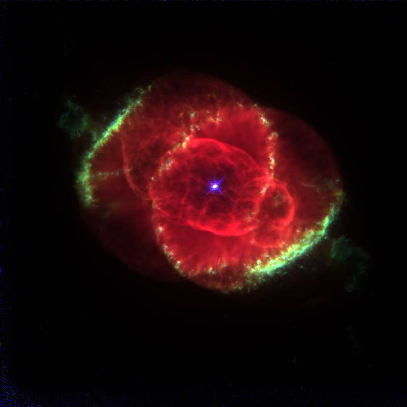 Three thousand light-years away, the Cat's Eye Nebula, a dying star throws off shells of glowing gas. This image from the Hubble Space Telescope reveals the nebula to be one of the most complex planetary nebulae known.The features seen in the Cat's Eye are so complex that astronomers suspect the central object may actually be a binary star system.