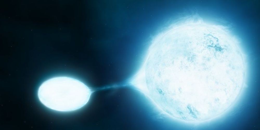 This artist's impression shows a vampire star (left) stealing material from its victim: New research using data from ESO's Very Large Telescope has revealed that the hottest and brightest stars are often found in close pairs. Many of such binaries will, at some point, transfer mass from one star to another, a kind of stellar vampirism depicted in this artist's impression. Credit: ESO/M. Kornmesser/S.E. de Mink 