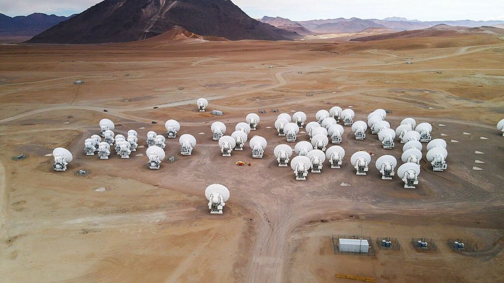 Image showing an aerial shot of the ALMA array or radio telescopes.