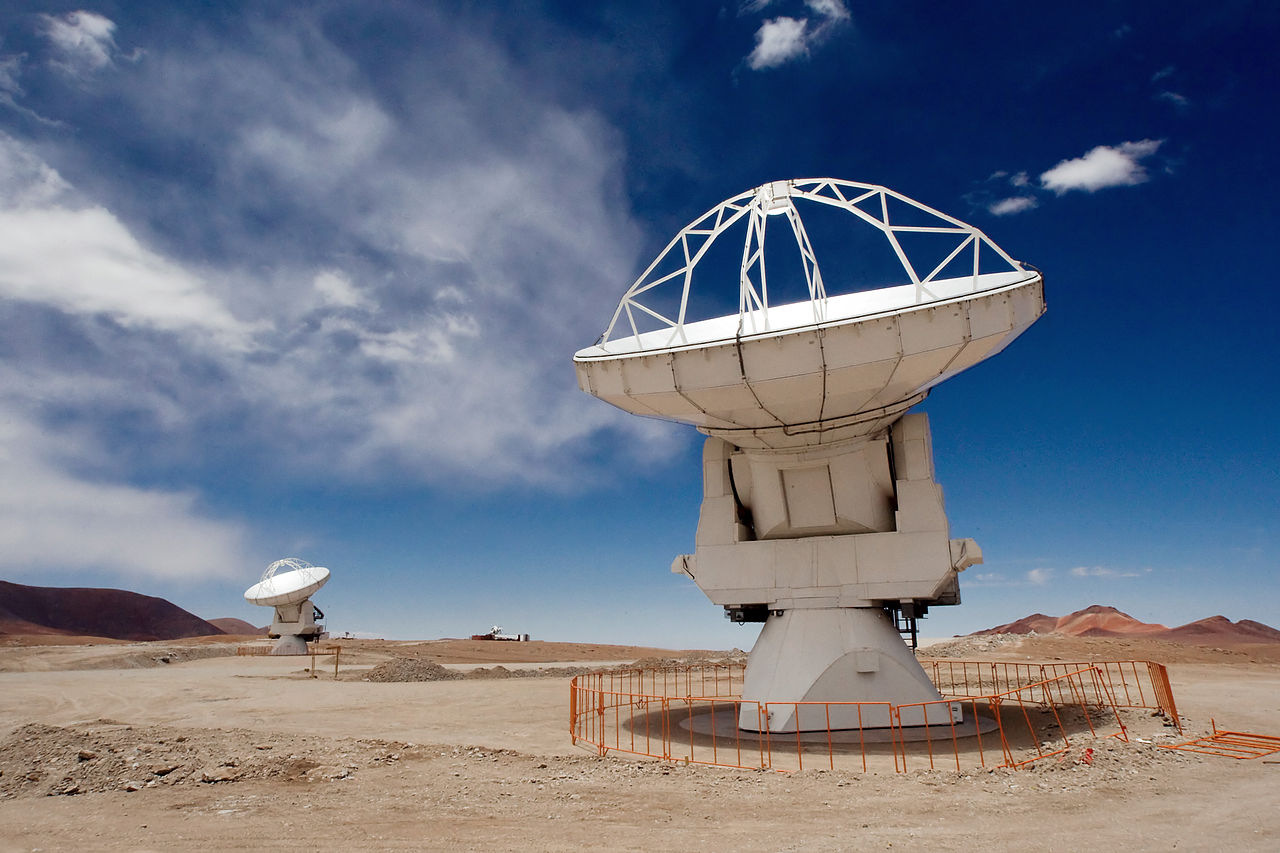 Image showing two of the receivers of the ALMA array in the Atacama Desert.