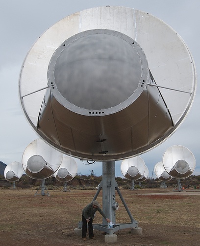 Closeup front view of one antenna of the Allan Telescope Array, a radio telescope for combined radio astronomy and SETI (Search for Extraterrestrial Intelligence) research being built by the University of California at Berkeley, outside San Francisco.