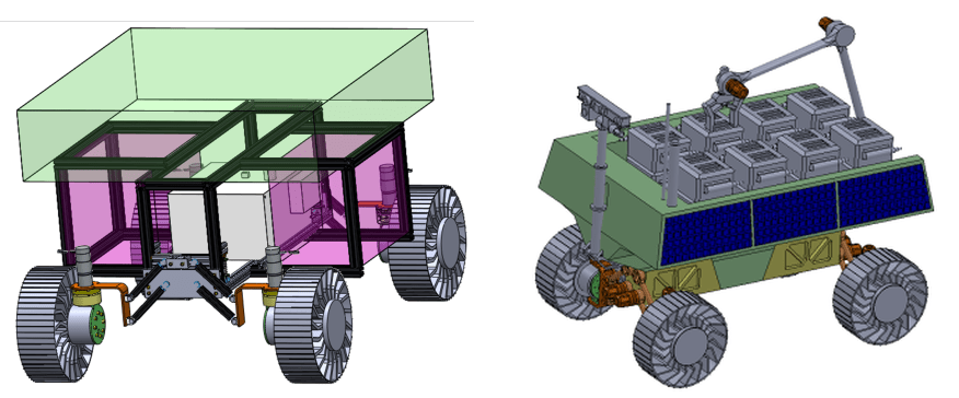 This schematic shows the rover's four payload bays. The grey one is the primary bay. The pink ones flanking the primary bay are lateral payload modules that can hold equipment needing access to the lunar surface, like drills or excavators. The green one on top is a configurable cargo bay. The image on the right shows the cargo bay carrying materials for the Astrophysics Lunar Observatory (ALO.) Image Credit: ESA