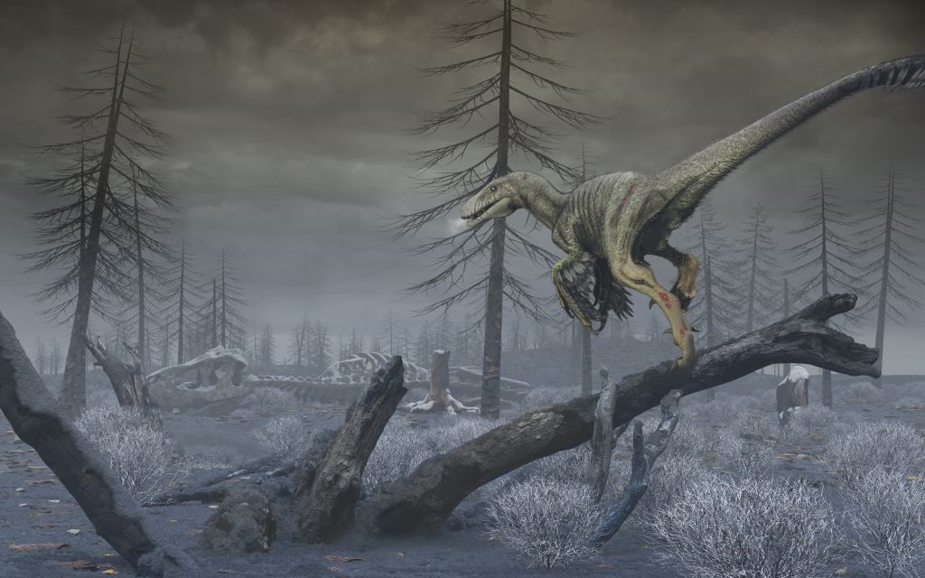 The most well-known impact event is the Chicxulub impact that ended the dinosaurs' reign. This paleoart reconstruction depicts North Dakota in the first months following the Chicxulub impact event 66 million years ago, showing a dark, dusty, and cold world in which the last non-avian dinosaurs, illustrated with a Dakotaraptor steini, were on the edge of extinction. Artwork by Mark A. Garlick.