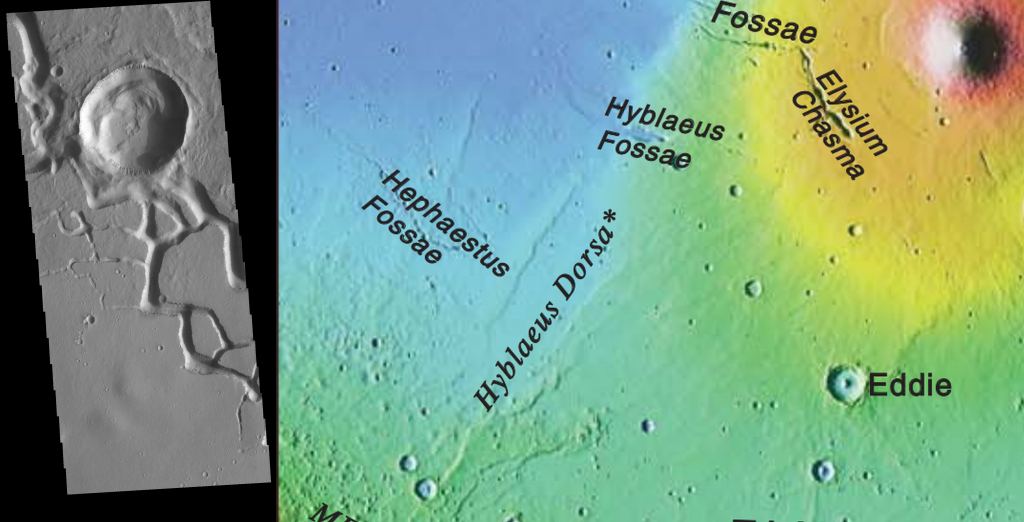 This HiRISE image on the left shows more of the Hephaestus Fossae's system of troughs and channels, as well as the nearby impact crater. The image on the right shows the region in relation to its surroundings, including the Elysium Mons volcano on the upper right of the image. Image Credit: NASA/JPL- Caltech/ASU 