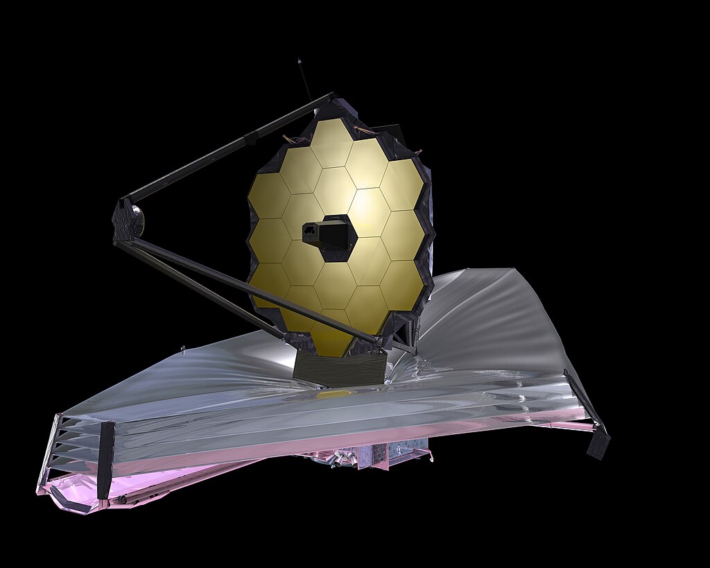Artist impression of the James Webb Space Telescope against a black background