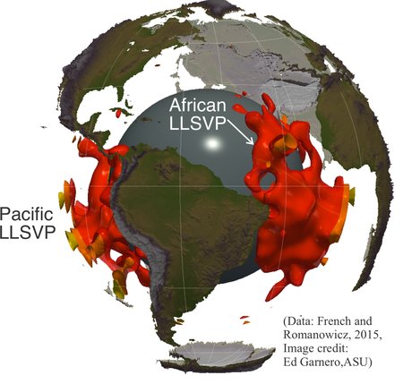 Scientists discovered two large low-velocity provinces deep inside Earth in the 1980s. They contain high levels of iron that generated tell-tale seismic wave patterns. Image Credit: Edward Garnero. 