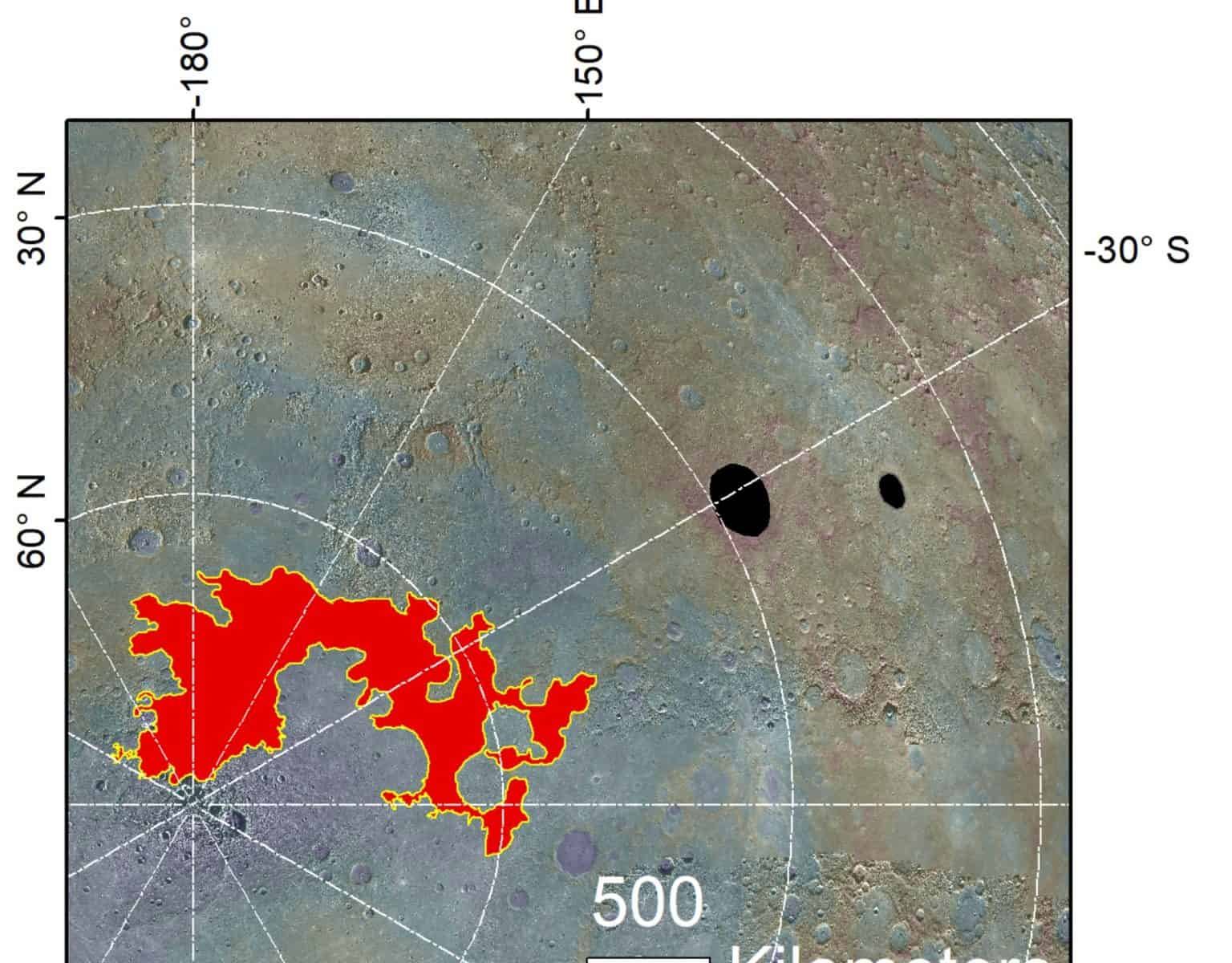 A view of Mercury’s north polar chaotic terrain (Borealis Chaos) and the Raditladi and Eminescu craters where evidence of possible glaciers has been identified. Red areas identified regions of potential salt glaciers