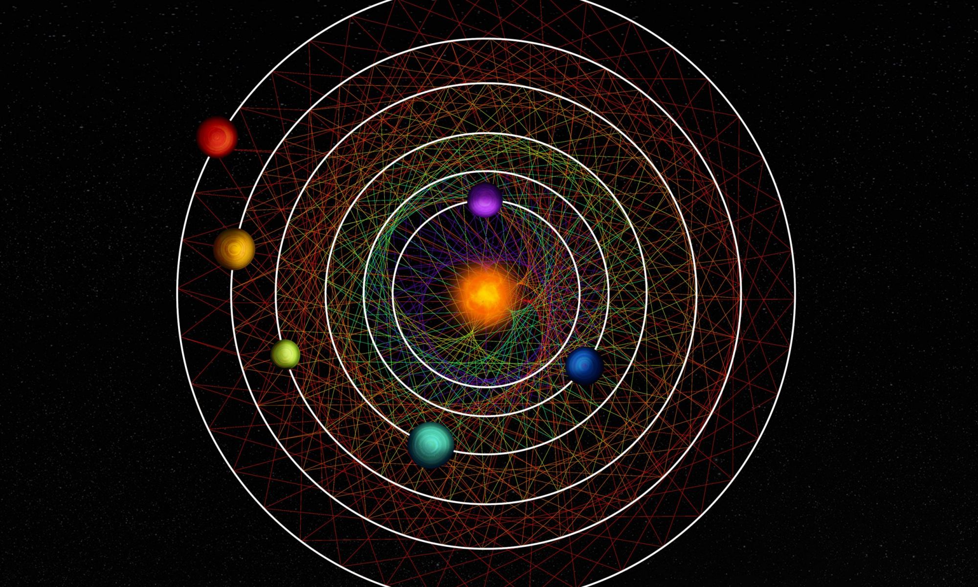 SCIENCE & EXPLORATION Orbital geometry of HD110067 29/11/2023 457 VIEWS 19 LIKES 492309 ID LIKE DOWNLOAD XFacebookCopy LinkShare DETAILS RELATED Tracing a link between two neighbour planets at regular time intervals along their orbits, creates a pattern unique to each couple. The six planets of the HD110067 system together create a mesmerising geometric pattern due to their resonance-chain.