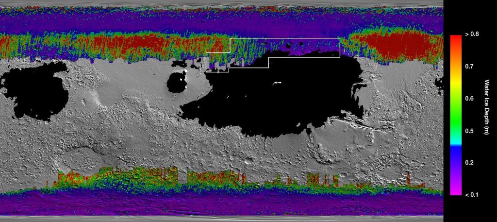 This map of buried water ice on Mars was made with data from three orbiters. The colours show how deep the ice is buried, with black regions being so soft a spacecraft would sink into the ground. The white polygon shows the ideal region where astronauts would be able to just dig up ice with a shovel. Image Credit: By NASA/JPL-Caltech/ASU - https://photojournal.jpl.nasa.gov/jpeg/PIA23514.jpg, Public Domain, https://commons.wikimedia.org/w/index.php?curid=84799085