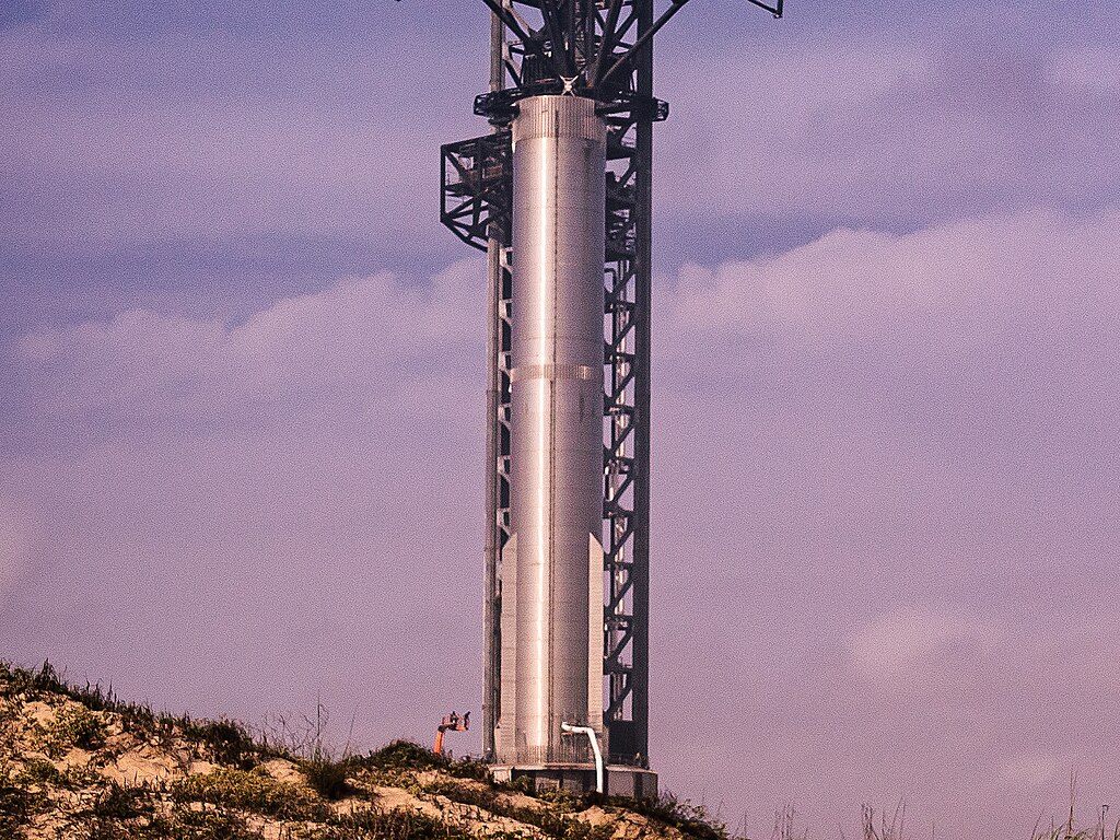SpaceX Starship's Superheavy Booster, serial no. B7, being tested on the orbital launch pad at Starbase, Boca Chica, Texas in February 2023.