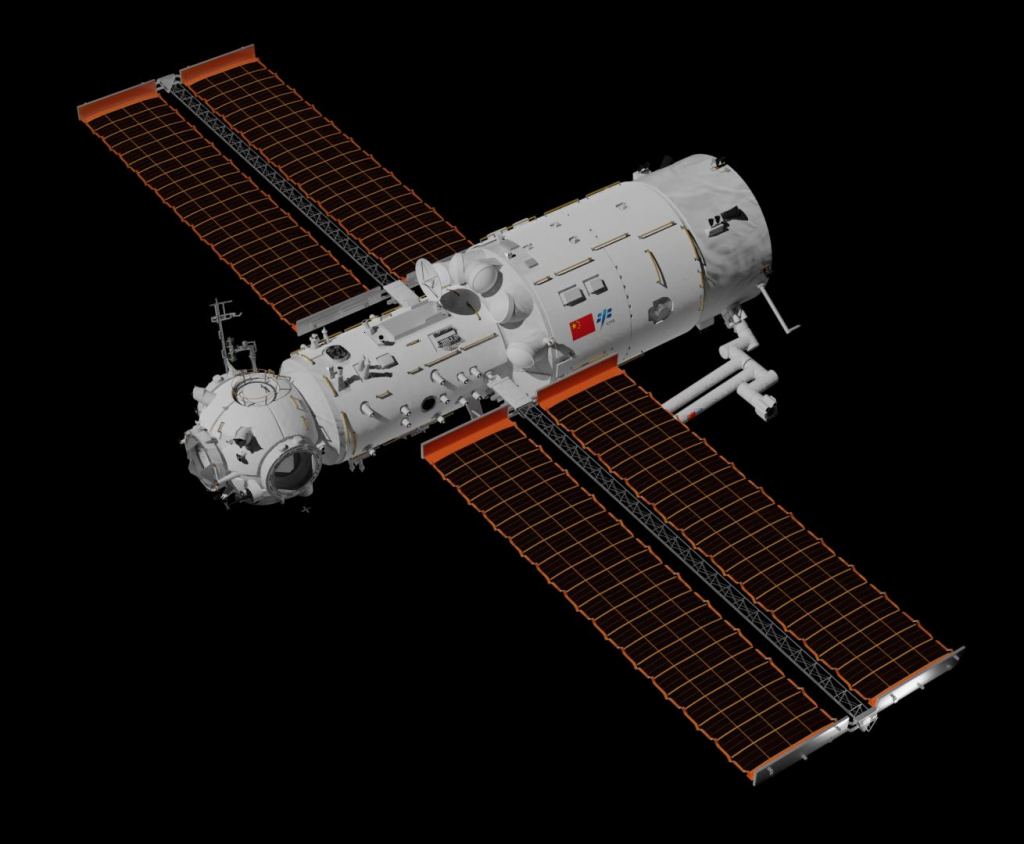 This rendering shows the Tianhe core module in space. Tianhe was the first module in the Tiangong space station. Image Credit: By Shujianyang - Own work, CC BY-SA 4.0, https://commons.wikimedia.org/w/index.php?curid=110096657
