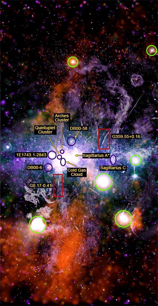 This 2021 image of the Milky Way's center shows the larger environment that Sgr C* inhabits. It's made from 370 Chandra images as well as radio images. It shows how threads of superheated gas and magnetic fields are weaving a tapestry of energy at the center of the Milky Way. The green circles are supernova remnants. Image Credit: X-ray: NASA/CXC/UMass/Q.D. Wang; Radio: NRF/SARAO/MeerKAT