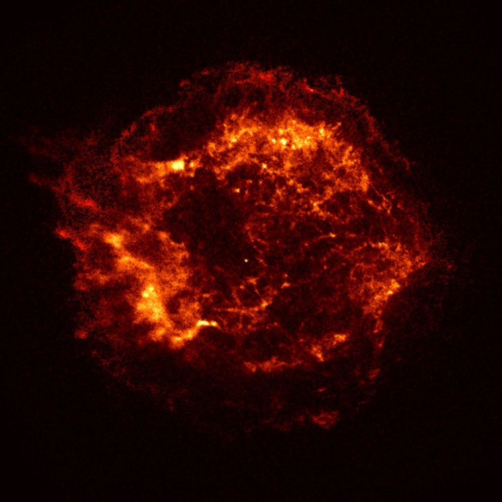 This X-ray image of the Cassiopeia A (Cas A) supernova remnant is the official first light image of the Chandra X-ray Observatory. The bright object near the center may be the long-sought neutron star or black hole that remained after the explosion that produced Cas A. Image Credit: By NASA/CXC/SAO - http://chandra.harvard.edu/photo/1999/0237/, Public Domain, https://commons.wikimedia.org/w/index.php?curid=33394808