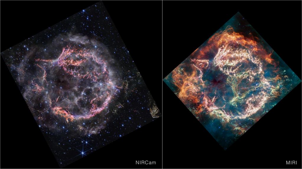 Seeing the NIRCam image (L) and the MIRI image (R) tells us about the SNR and the JWST. First of all, the NIRCam image is sharper because of its higher resolution. The NIRCam image also appears less colourful, but that's because of the wavelengths of light being emitted that are more visible in Mid-Infrared. In the MIRI image, the outer ring is lit up more brightly than in the NIRCam image, while the MIRI image also shows the 'Green Monster,' the green inner ring that is invisible in the NIRCam image. Image Credit: NASA, ESA, CSA, STScI, Danny Milisavljevic (Purdue University), Ilse De Looze (UGent), Tea Temim (Princeton University)