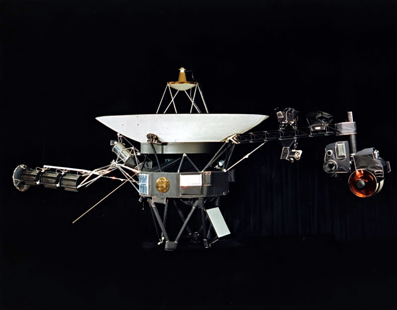 This NASA photograph shows one of the Voyager probes. The Golden Record is prominent on the spacecraft's exterior. The record is made of gold-plated copper and is 30 cm. (12 inches) in diameter. Image Credit: By NASA/JPL-Caltech - NASA Voyager website, Public Domain, https://commons.wikimedia.org/w/index.php?curid=167703