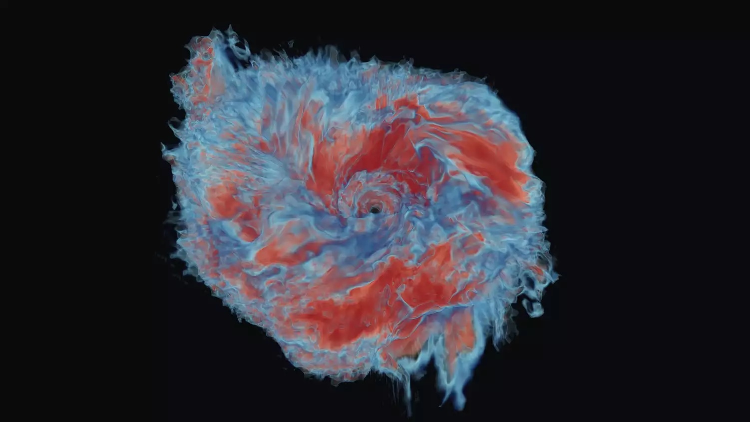 Numerical simulation of the resulting ejecta material of two merging neutron stars. Red colors refer to ejected material with a high fraction of neutrons which will appear typically redder than blue material that contains a higher fraction of protons. © I. Markin (University of Potsdam)
