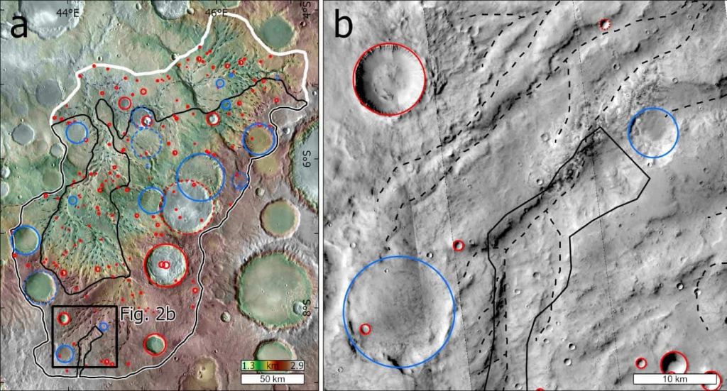 This figure from the study illustrates Morgan's work. It shows some of the details of an unnamed Martian valley network. Red circles indicate craters that formed after the river valleys. Blue circles are craters that formed before the valleys. Dashed circles indicate that the timing of a crater is less certain. The dashed black lines are the valley network, the white line outlines the entire basin, and the black line outlines highland areas that have undergone less erosion. Image Credit: Morgan, 2024. 