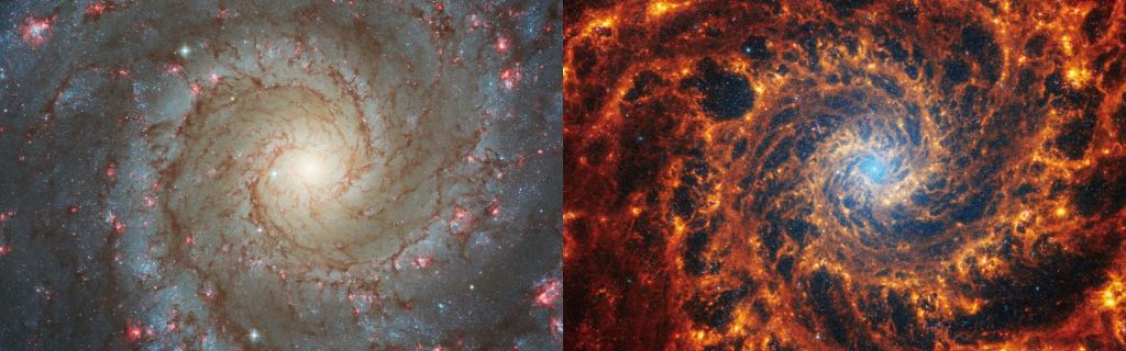 A Hubble Space Telescope image of NGC 628 (left) and the same galaxy as imaged by the JWST (right.) Both images are grand and inspiring and full of information, but the JWST image provides more detail. Large bubble-shaped gaps between concentrations of gas and dust are visible. In some of the images, those could be caused by supernovae. Image Credit: NASA, ESA, CSA, STScI, Janice Lee (STScI), Thomas Williams (Oxford), PHANGS Team
