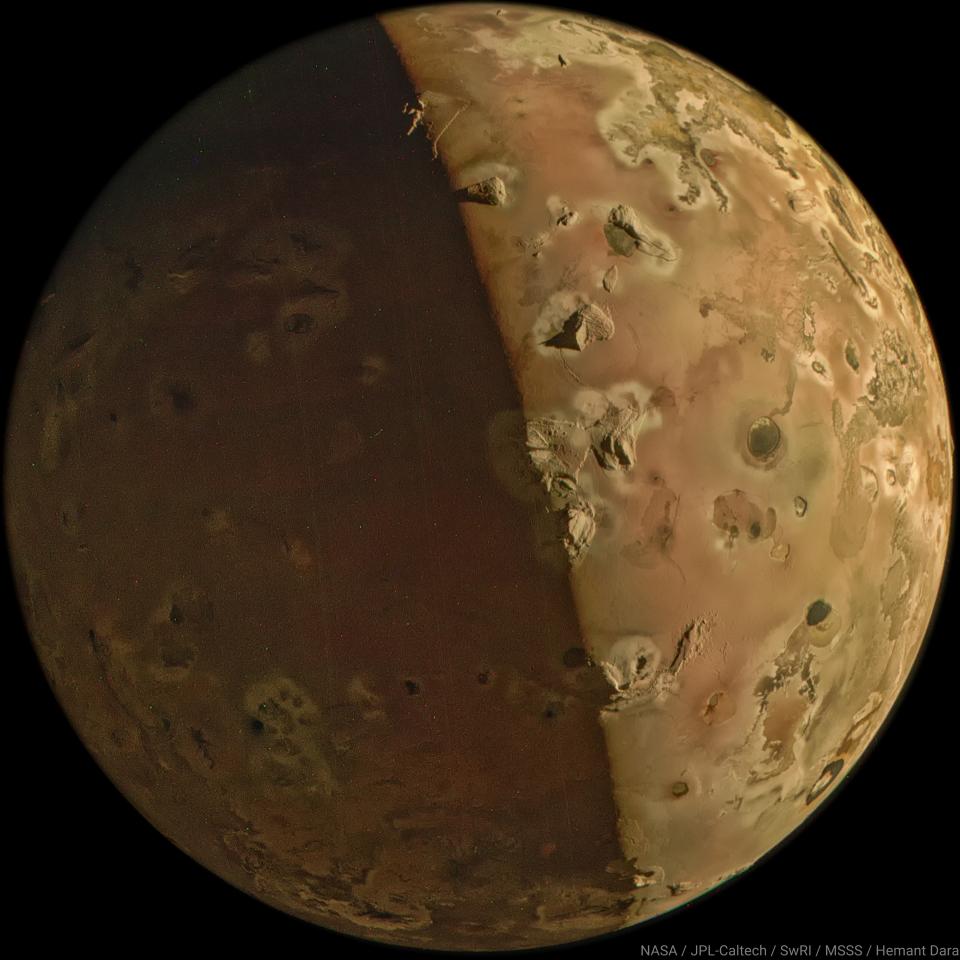 A composite image of Io showing the shaded and lit portions. Image Credit: NASA / JPL-Caltech / SwRI / MSSS / Hemant Dara © CC BY