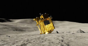 Photo of the SLIM lander on the surface of the Moon - showing it tipped onto its side.