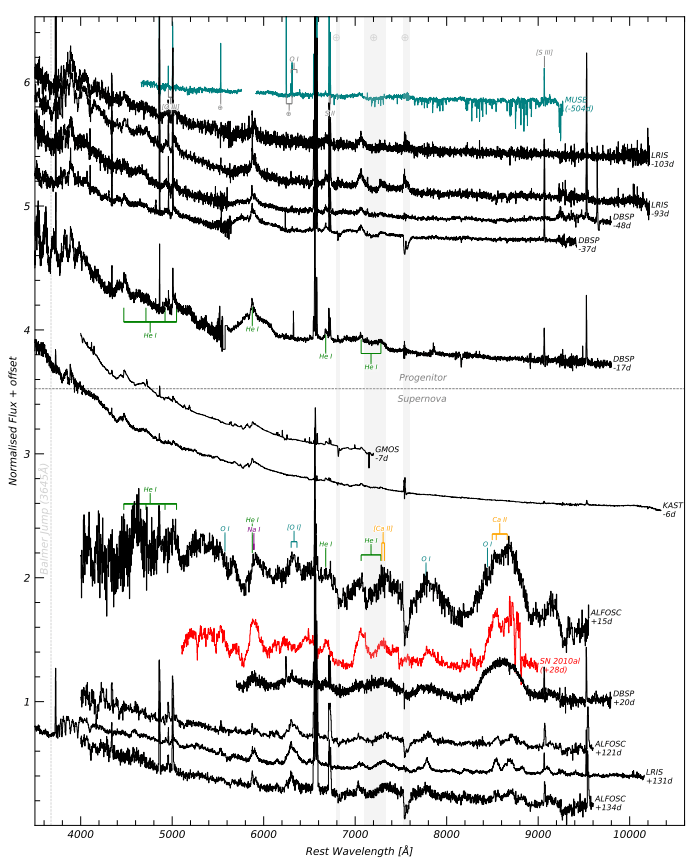 Este gráfico del estudio muestra las observaciones espectrales de SN 2023fyq y su progenitor. Las observaciones del progenitor están en la parte superior y las observaciones del SN están en la parte inferior. Cada línea representa un conjunto diferente de observaciones, con sus tiempos escritos en sus extremos. La línea roja muestra observaciones de SN 2010al, un SN Tipo Ibn que coincide bien con SN 2023fyz. Las áreas de He I están etiquetadas porque los investigadores señalaron que había un perfil de He I complejo y en evolución. Crédito de la imagen: Brennan et al. 2024
