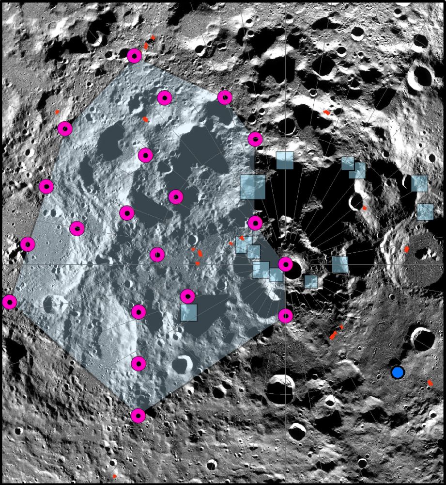 Artemis mission landing locations near the South Pole of the Moon. Blue boxes indicate selected landing spots, while small red marks are locations of scarps caused by moonquakes. Credit: NASA/ LRO/ LROC/ASU/ Smithsonian Institution