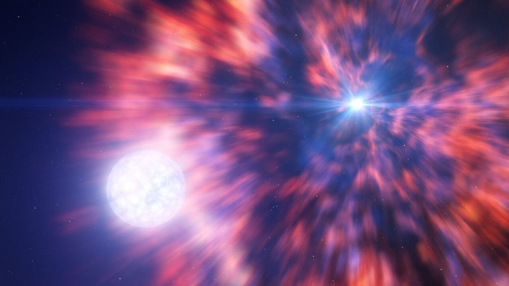 A star in a binary system dies in a catastrophic explosion. Such supernovae often result in neutron stars or black holes. Courtesy ESO/L. Calçada