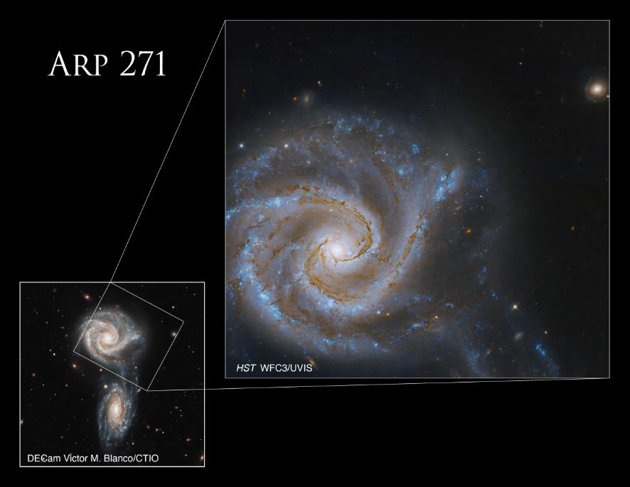 Hubble provided the image of NGC 5427, while a ground-based observatory provided the image of the ARP 271 pair. Image Credits: Ground-based image: DECam Victor M. Blanco/CTIO; Hubble image: NASA, ESA, and R. Foley (University of California – Santa Cruz); Processing: Gladys Kober (NASA/Catholic University of America)