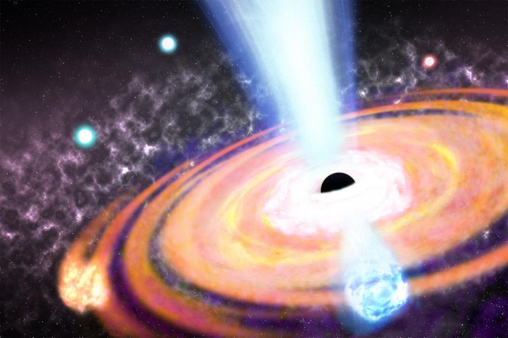An illustration of a magnetic field generated by a supermassive black hole in the early universe, showing turbulent plasma outflows that help turn nearby gas clouds into stars. New findings suggest this process might be responsible for accelerated star formation in the first 50 million years of the universe. Credit: Roberto Molar Candanosa/Johns Hopkins University