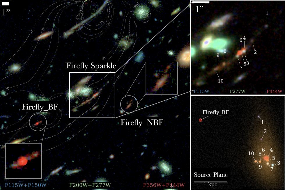 This image shows the Firefly Sparkle galaxy and its two neighbours, BF and NBF. The Firefly Sparkle's mass is concentrated in 10 clusters that contain up to 57% of its entire mass. Image Credit: Mowla et al. 2024.