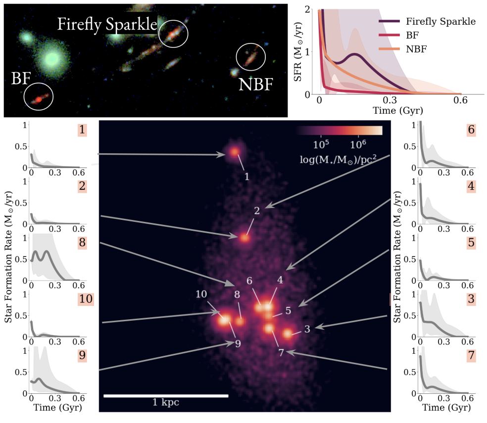 This figure from the study illustrates the star formation histories of each cluster, as well as each galaxy. In the top right, "The Firefly Sparkle and FF-BF both show a recent burst of star formation in the last ~ 50 Myr indicative of recent interactions," the authors explain. Image Credit: Mowla et al. 2024.