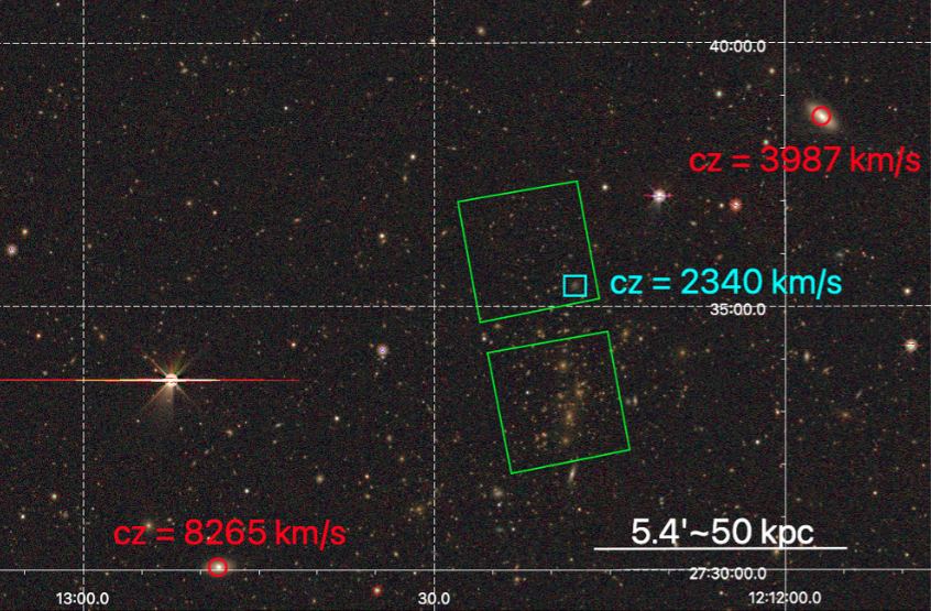 The JWST's NIRCam instrument was imaging the regions in the green boxes when it also spotted PEARLSDG, the dwarf galaxy in the cyan box. Image Credit: Carleton et al. 2024
