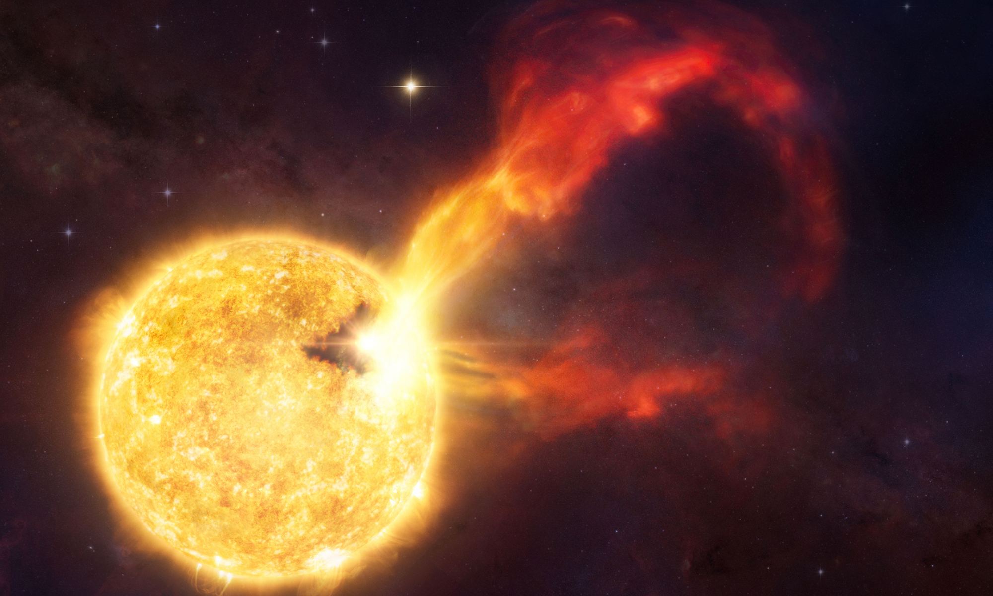 Artist's concept of the flare that burst out from the young nearby star HD 283572. The flare was detected by the Submillimeter Array on Mauna Kea, in Hawai'i. Credit: CfA/Melissa Weiss.