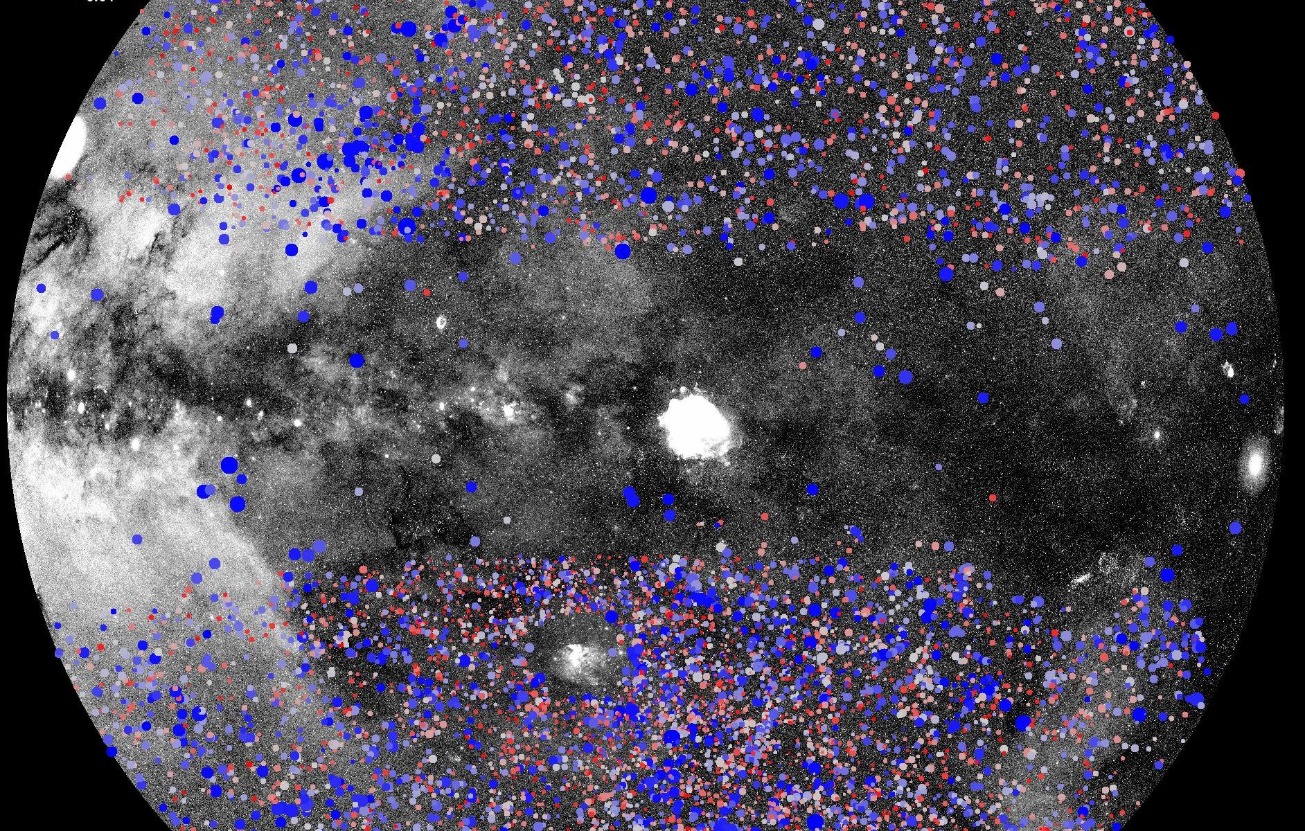 Clusters of galaxies as observed by the eROSITA instrument. Colors indicate the redshift of the clusters, up to about 9 billion years of lookback time. Credit: MPE, J. Sanders for the eROSITA consortium.