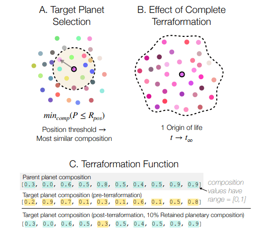This figure from the study helps illustrate the authors' work. A shows a target planet selection, where an initial planet and its composition are randomly selected. This planet represents a terraformed parent planet. B shows the simulation run beginning with the initial parent planet, showing how nearby planets will be terraformed to more closely match the parent planet. C shows how each terraformed planet will retain some of its differences, about 10% in the researchers' model. Image Credit: Smith and Sinapayen, 2024.