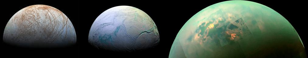 Europa, Enceladus, and Titan all have subsurface oceans, and all three are targets for potential exploration. Image Credits: NASA