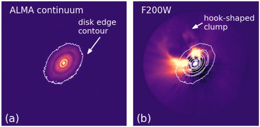This image from the paper shows an ALMA image of HL Tau and a JWST image of HL Tau. The JWST is able to see details that the ALMA image doesn't show, including a feature called the hook-shaped clump. Image Credit: Mullin et al. 2024