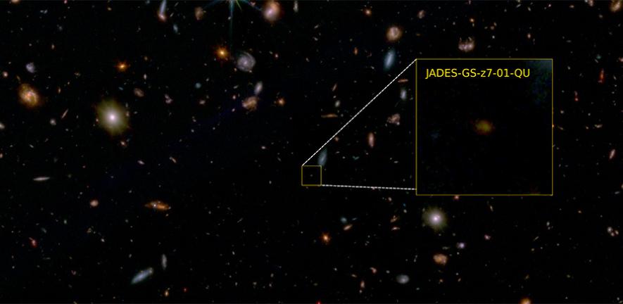 False-color JWST image of a small fraction of the GOODS South field, with the galaxy JADES-GS-z7-01-QU highlighted Credit: JADES Collaboration