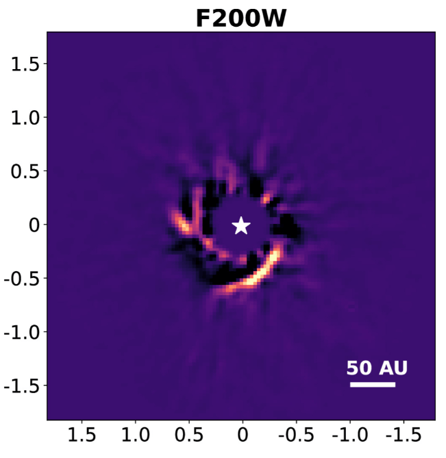 This is a JWST image of the star SAO 296462 and its spiral disk. Image Credit: Cugno et al. 2024.