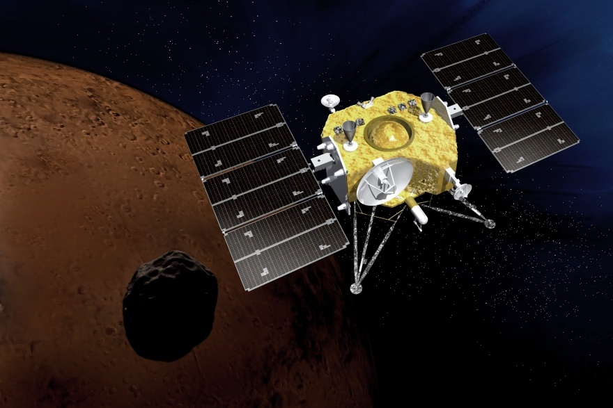 This illustration shows JAXA's MMX spacecraft with Mars and Phobos. If all goes well, the mission will return samples from Phobos to Earth in 2031. Image Credit: JAXA