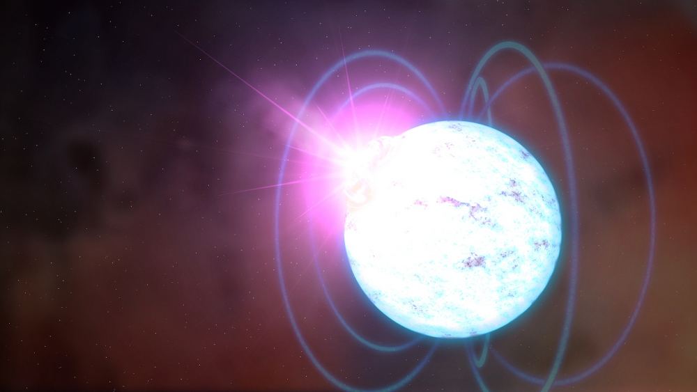 An outbursting, magnetically strong neutron star called a magnetar is seen here in an artist's illustration. Courtesy: NASA.