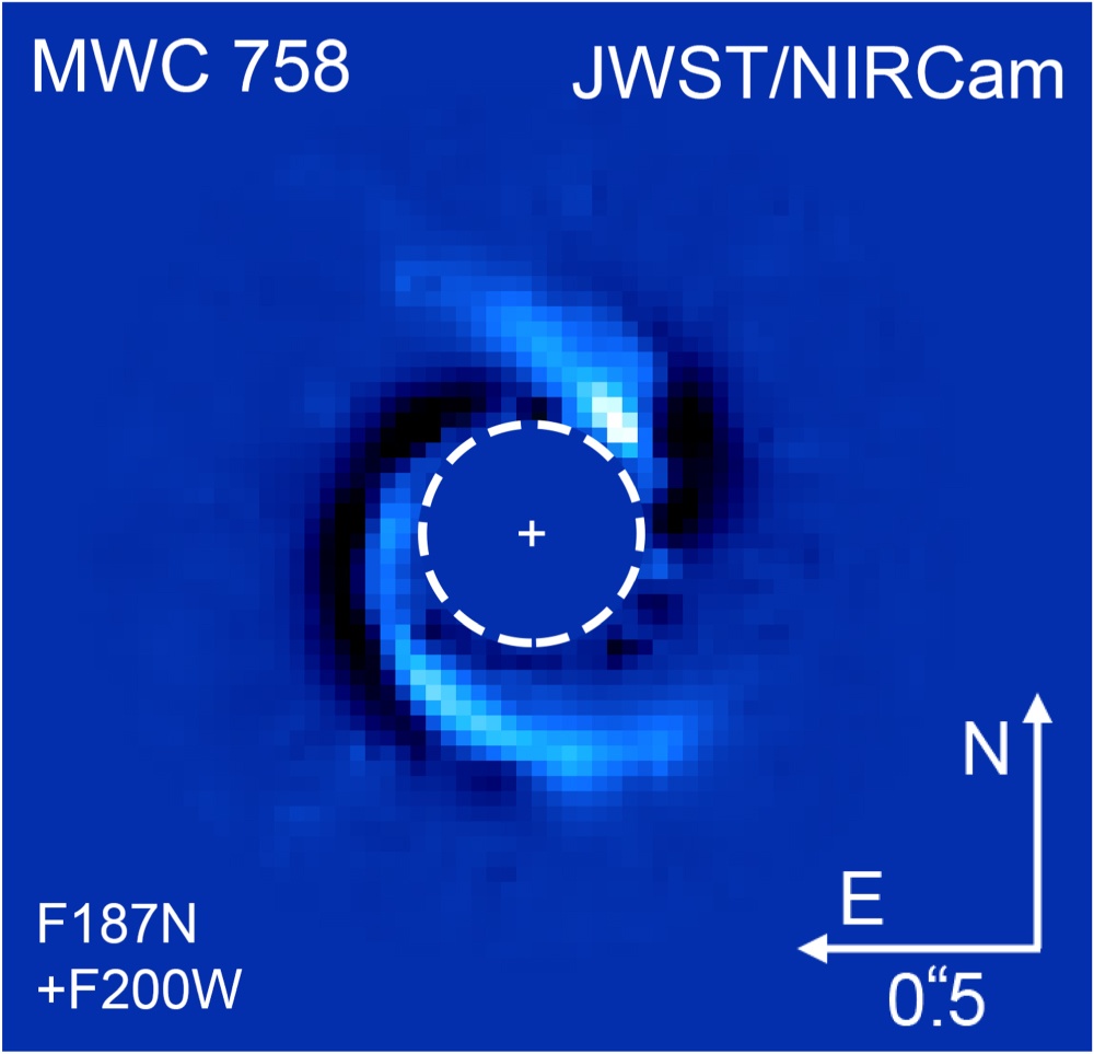 This JWST/NIRCam image of MWC 758 shows the star's unusual spiral disk. Wagner et al. 2024.