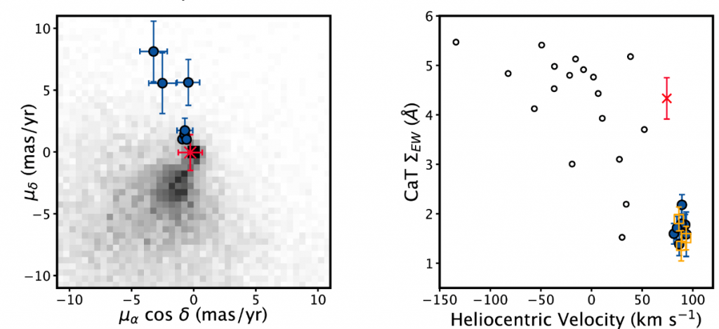 This figure from the research shows the motion (L) and velocity (R) of the dwarf galaxy's member stars. In the left panel, the great region marks the motion of stars in the Milky Way and shows how the member stars (blue) are clustered together differently. In the panel on the right, the member stars are clustered together by velocity, and the empty circles are other non-member stars. Image Credit: Smith et al. 2024