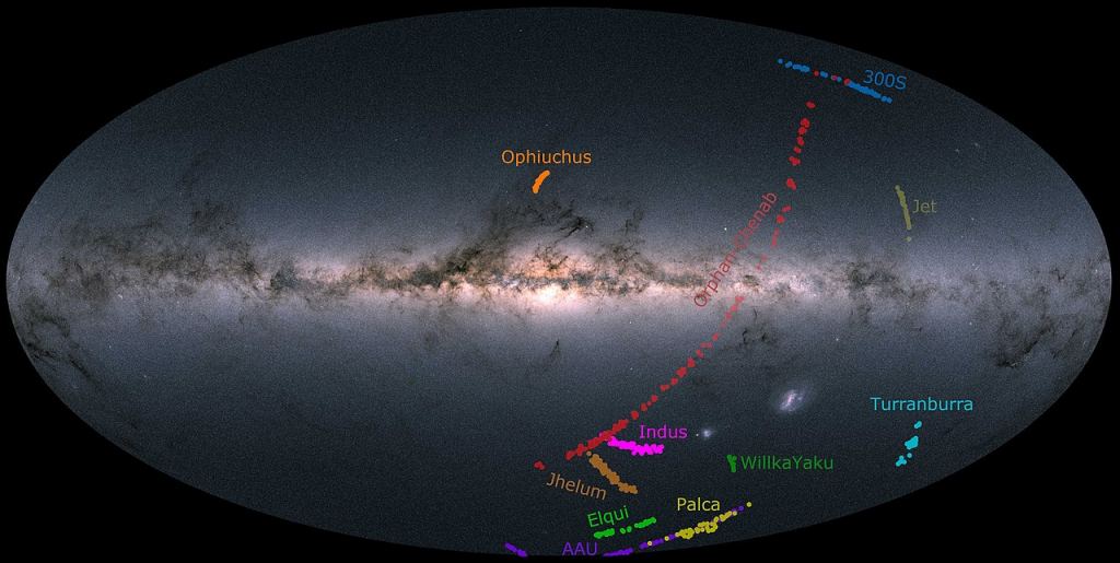 This image shows recent stellar streams on the Milky Way studied by the Southern Stellar Stream Spectroscopic Survey (S? collaboration) using the Anglo-Australian Telescope (2022). Image Credit: By Ting Li (Southern Stellar Stream Spectroscopic Survey-S? collaboration) - https://s5collab.github.io/one_dozen_streams_press_release/https://twitter.com/d_dabed/status/1482759023879409669, CC BY-SA 4.0, https://commons.wikimedia.org/w/index.php?curid=114370789