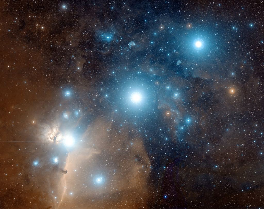 The Horsehead Nebula is visible in this image of Orion's Belt. It's in the lower left, extending horizontally, to the lower left of the belt star Alnitak. Image Credit: By Davide De Martin (http://www.skyfactory.org); Credit: Digitized Sky Survey, ESA/ESO/NASA FITS Liberator - https://www.spacetelescope.org/projects/fits_liberator/fitsimages/davidedemartin_12/ (direct link), Public Domain, https://commons.wikimedia.org/w/index.php?curid=1329999