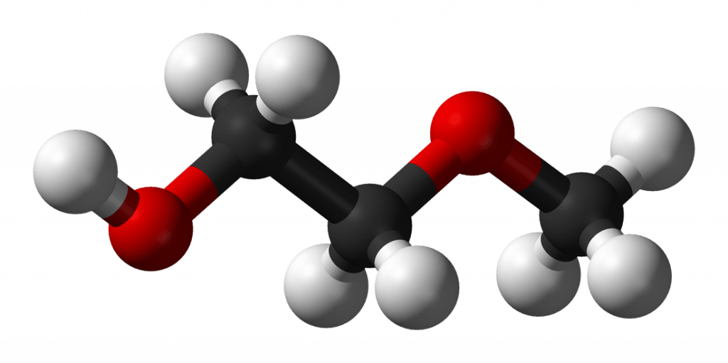 A ball and stick model of 2-methoxyethanol. With 13 atoms, it's one of the largest complex chemicals ever found in space. Image Credit: By Ben Mills - Own work, Public Domain, https://commons.wikimedia.org/w/index.php?curid=3081683