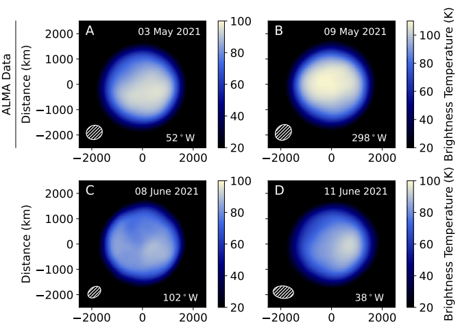 These are four ALMA images of Europa. The researchers observed the moon on four different days so they could image almost the entire surface. They found no plumes. Image Credit: Cordiner et al. 2024.